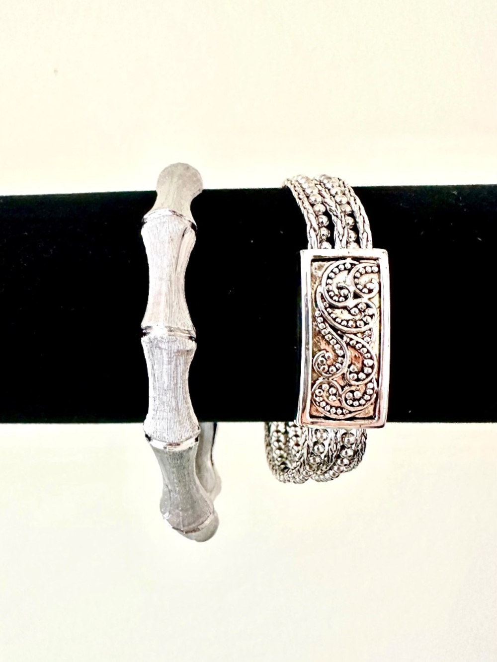 Vintage Napier Silver Tone Bracelet Set, Scrollwork Bangle, Bamboo Bangle (80s)